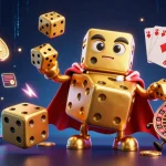 Visualisez un casino en ligne fiable avec des jeux de dés et des pièces de crypto-monnaies illuminées.
