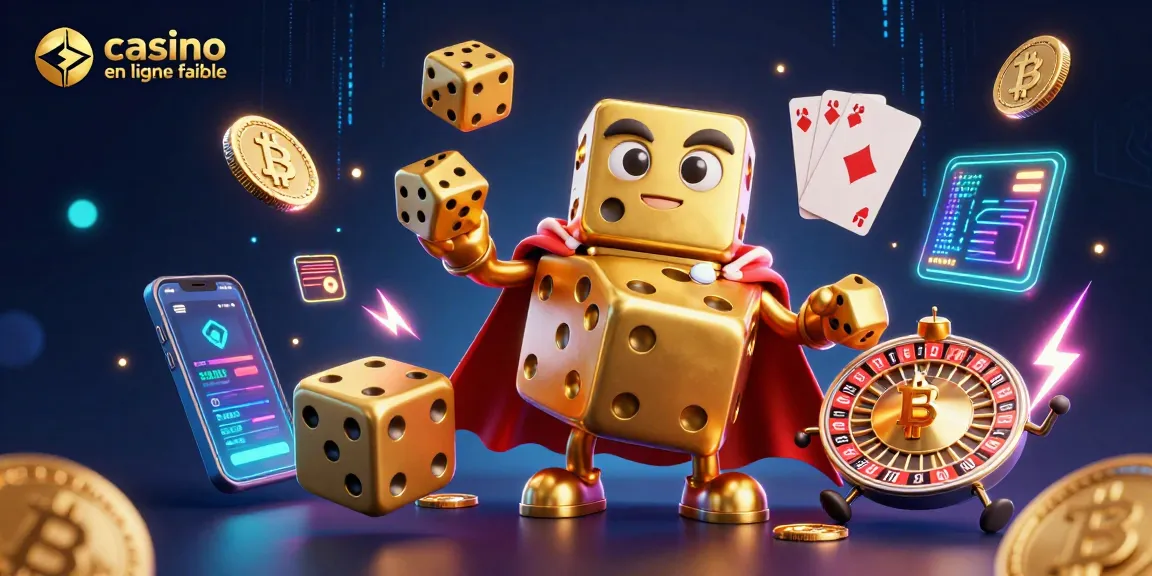 Visualisez un casino en ligne fiable avec des jeux de dés et des pièces de crypto-monnaies illuminées.