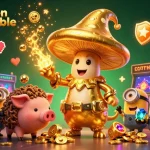 Illustration dynamique de "casino en ligne fiable" avec un sorcier champignon doré, un cochon truffier, des machines de jeu colorées et des éléments de casino