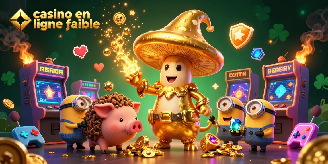 Illustration dynamique de "casino en ligne fiable" avec un sorcier champignon doré, un cochon truffier, des machines de jeu colorées et des éléments de casino