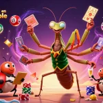 Illustration animée représentant le casino en ligne fiable avec un preneur de cartes insectes et des éléments de jeu colorés en action.