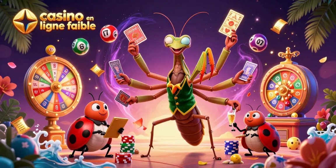 Illustration animée représentant le casino en ligne fiable avec un preneur de cartes insectes et des éléments de jeu colorés en action.