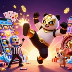 Illustration d'un panda lutteur dans un casino en ligne fiable, entouré de jeux colorés et d'un public enthousiaste.