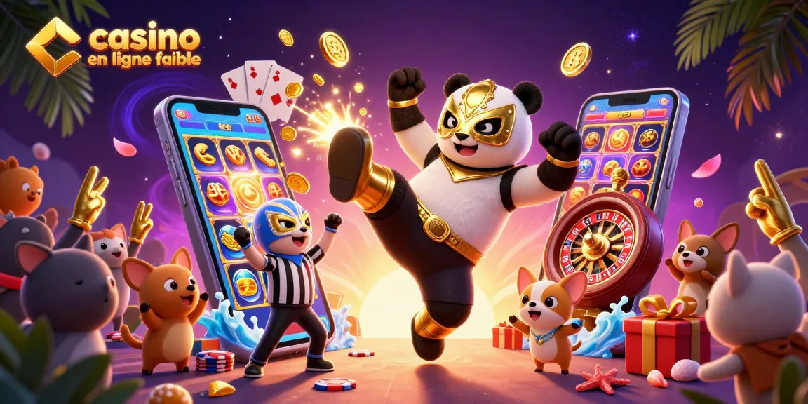 Illustration d'un panda lutteur dans un casino en ligne fiable, entouré de jeux colorés et d'un public enthousiaste.
