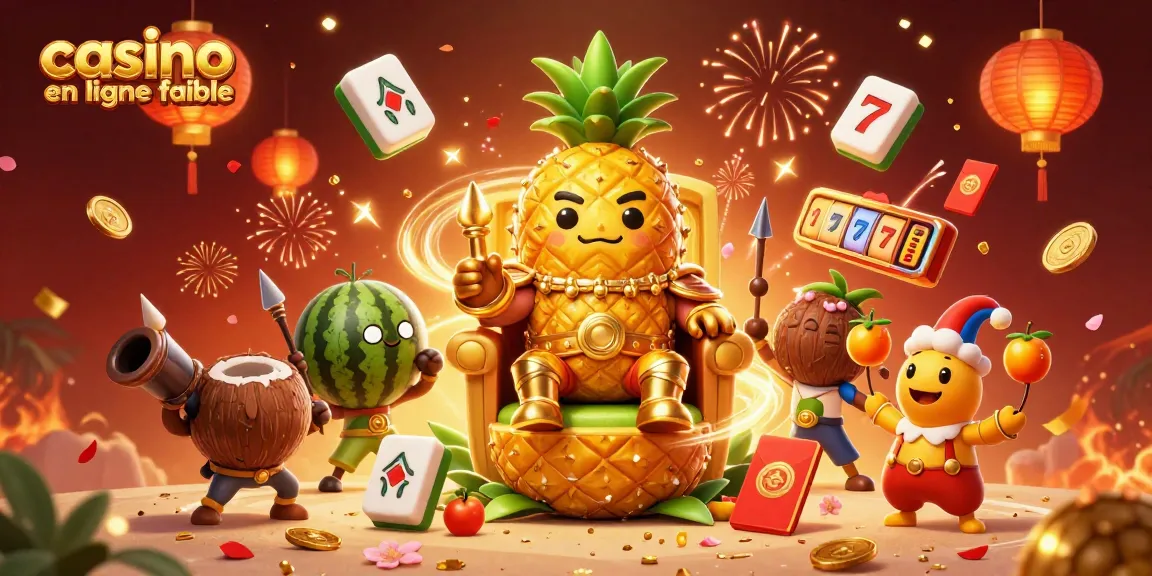 Image représentant un roi ananas en 3D dans un casino, illustrant un casino en ligne fiable avec des éléments de jeux.
