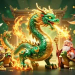 Vue dynamique d'un dragon jade et d'une tortue sage représentant un casino en ligne fiable avec des éléments de jeux de machines à sous.