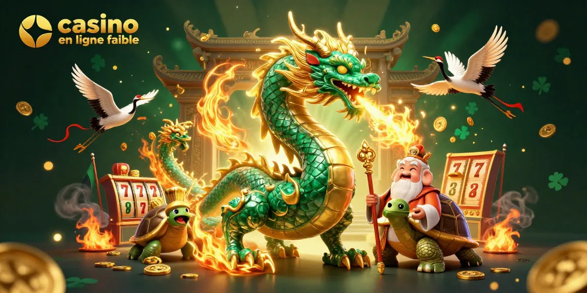 Vue dynamique d'un dragon jade et d'une tortue sage représentant un casino en ligne fiable avec des éléments de jeux de machines à sous.