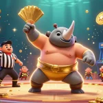 Visuel de casino en ligne fiable avec un rhinocéros caricatural en plein combat, entouré de jeux lumineux et de pièces d'or.