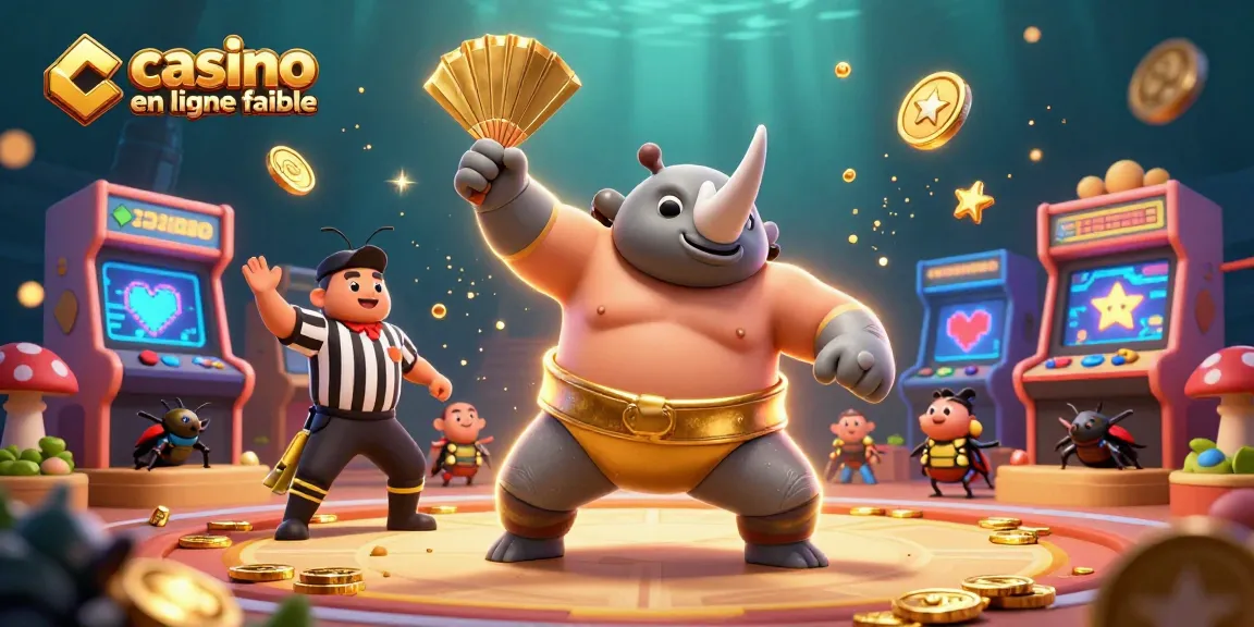 Visuel de casino en ligne fiable avec un rhinocéros caricatural en plein combat, entouré de jeux lumineux et de pièces d'or.