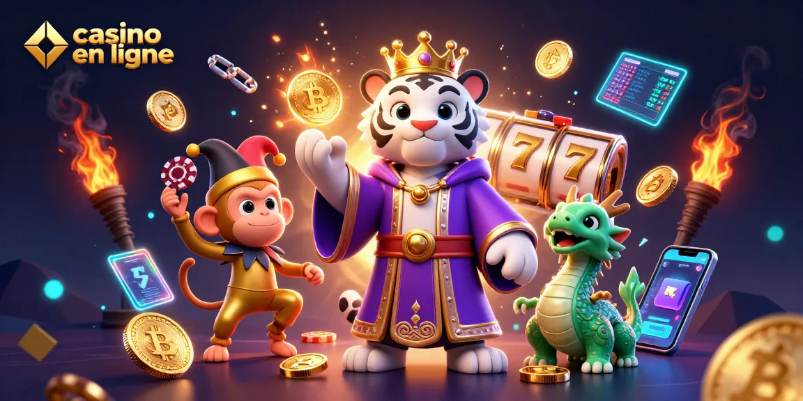Plongez dans l'univers du casino en ligne avec un tigre 3D élégant, un singe jester et un dragon jade, entourés de symboles de jackpot.