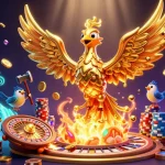 Jouez au casino en ligne fiable avec cette illustration dynamique de phoenix doré et assistants.