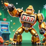 Découvrez un mécanisme en or en forme de gorille avec des éléments de casino comme des machines à sous et des pièces autour, pour un casino en ligne fiable.