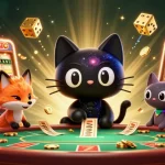 Pariez avec le chat gravitationnel au casino "paris sportif", entouré de jeux et de gains.
