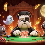 Jouez au casino en ligne fiable avec ce chien Frankenstein et un chat loup-garou, autour de cartes et de jetons d'or.