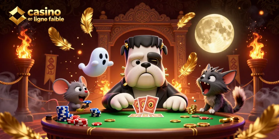 Jouez au casino en ligne fiable avec ce chien Frankenstein et un chat loup-garou, autour de cartes et de jetons d'or.