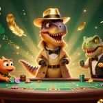 Gagnez au casino en ligne fiable avec une illustration dynamique de personnages préhistoriques jouant aux cartes.