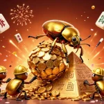 Illustrazione di un grosso scarabeo d'oro che rotola una palla di monete, lista casino non aams tra simboli di gioco fortunati.