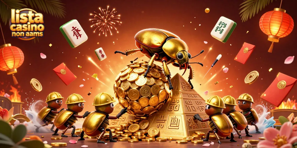 Illustrazione di un grosso scarabeo d'oro che rotola una palla di monete, lista casino non aams tra simboli di gioco fortunati.