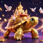 Jouer à casino en ligne sans KYC avec une tortue dorée, un croupier et des ballons de loterie colorés.