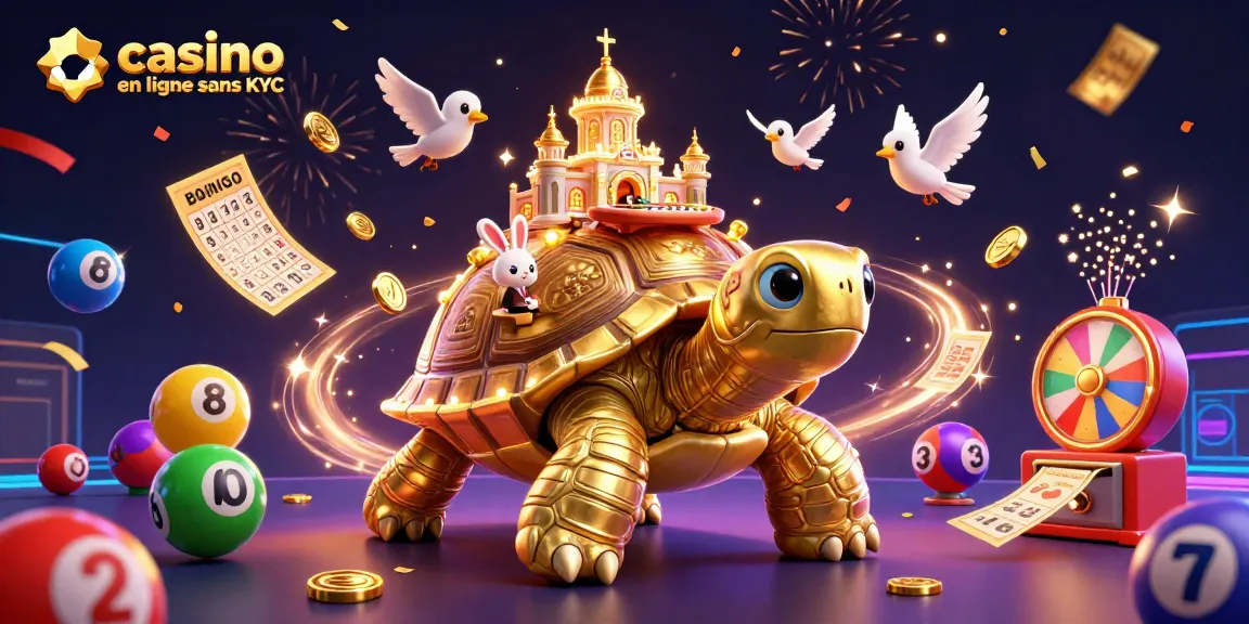 Jouer à casino en ligne sans KYC avec une tortue dorée, un croupier et des ballons de loterie colorés.