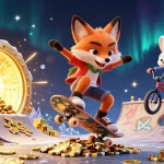 Visualisez le casino en ligne fiable avec un renard skateboarder et une ambiance dynamique pleine de trésors