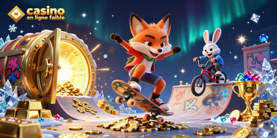 Visualisez le casino en ligne fiable avec un renard skateboarder et une ambiance dynamique pleine de trésors
