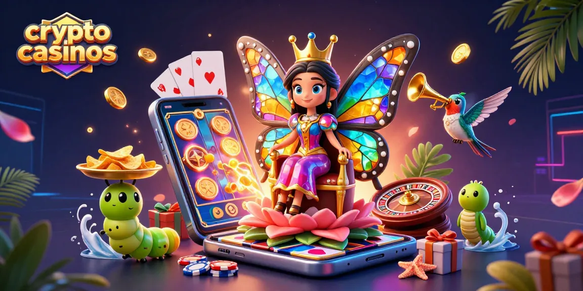Plongez dans les crypto casinos avec une reine papillon et des éléments de jeu captivants.