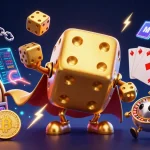 Jouer au casino en ligne fiable avec des dés dorés, jackpots et crypto-monnaies en arrière-plan.