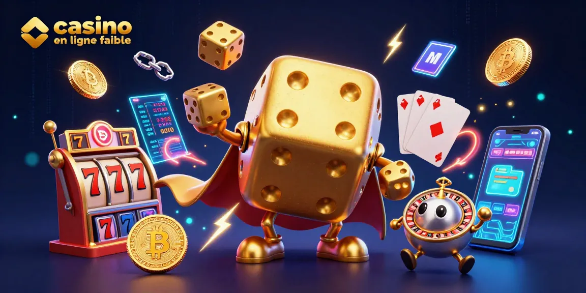 Jouer au casino en ligne fiable avec des dés dorés, jackpots et crypto-monnaies en arrière-plan.