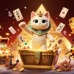 Jouez à casino en ligne fiable avec cette illustration d'un chat momie égyptien sortant d'un sarcophage doré.