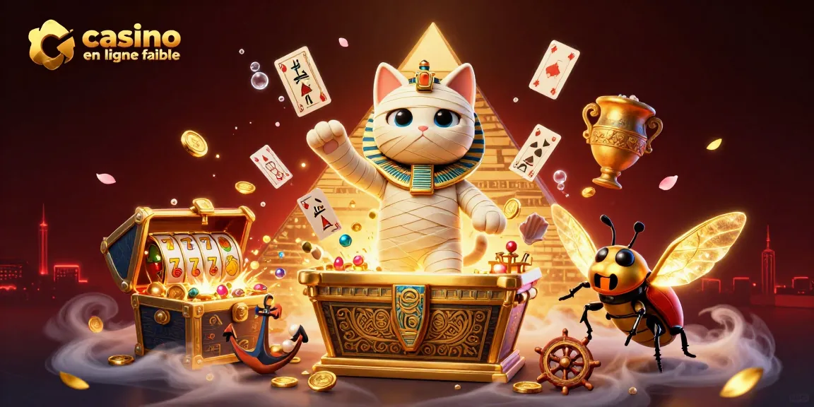 Jouez à casino en ligne fiable avec cette illustration d'un chat momie égyptien sortant d'un sarcophage doré.