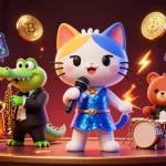 Illustration de casino en ligne avec un chat chanteur, un crocodile saxophoniste et un ourson batteur.