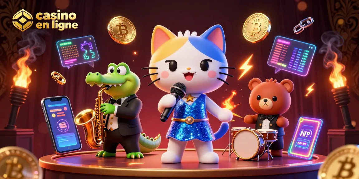 Illustration de casino en ligne avec un chat chanteur, un crocodile saxophoniste et un ourson batteur.