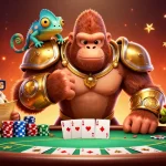 Illustration 3D d'un gorille roi en armure, représentant le casino en ligne fiable avec des éléments de poker.