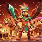 Vivez l'expérience du casino en ligne fiable avec des guerriers Aztec entourés de trésors et de cartes flottantes.