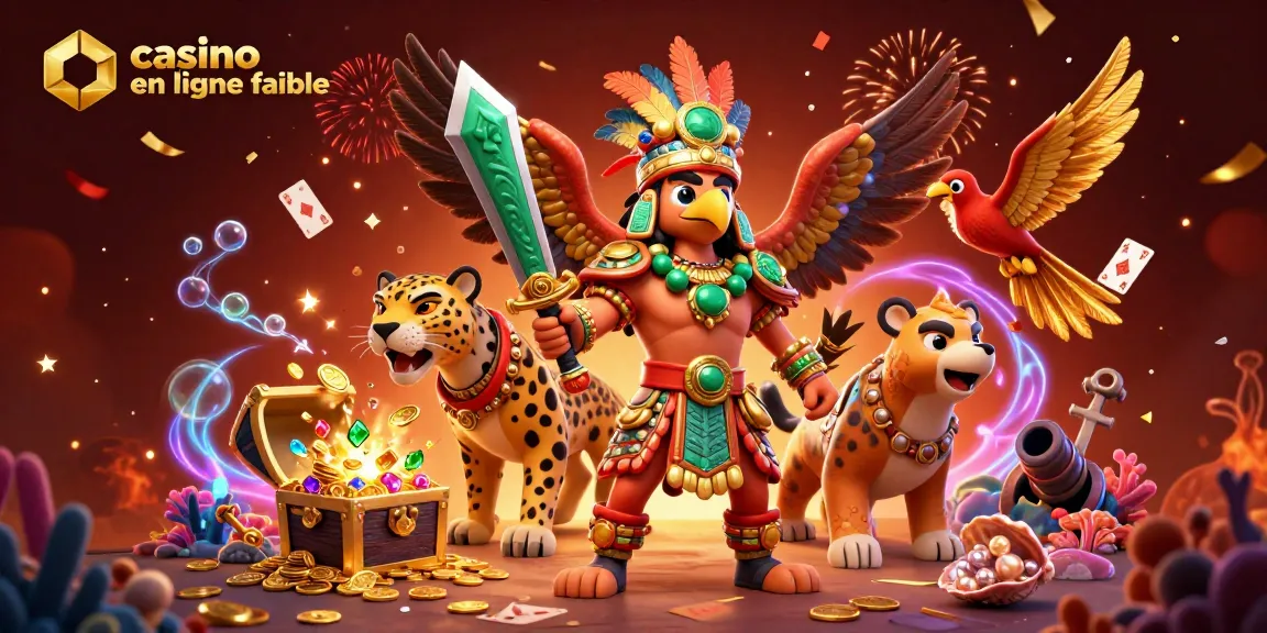 Vivez l'expérience du casino en ligne fiable avec des guerriers Aztec entourés de trésors et de cartes flottantes.