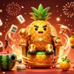 Illustration dynamique d'un roi ananas et ses gardes dans un casino, passant par casino en ligne fiable pour gagner gros.
