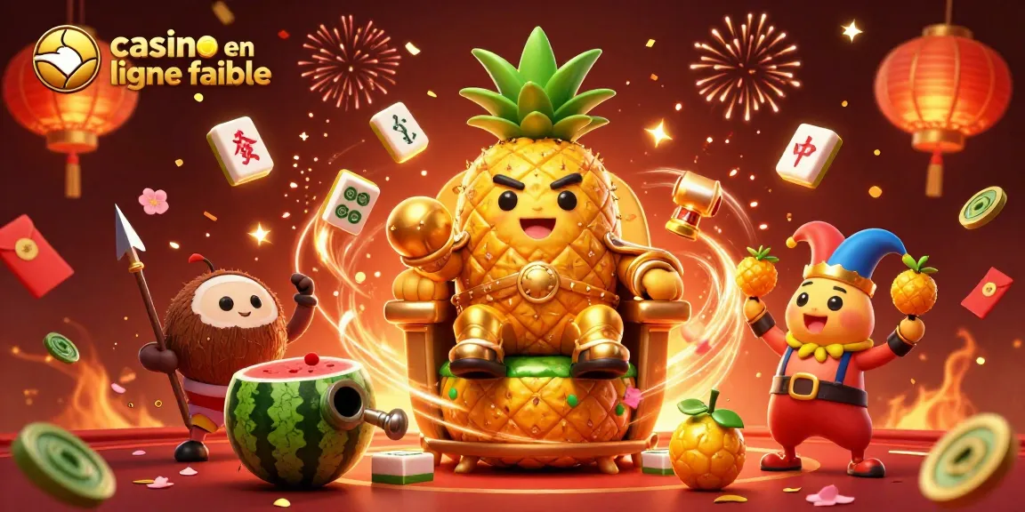 Illustration dynamique d'un roi ananas et ses gardes dans un casino, passant par casino en ligne fiable pour gagner gros.
